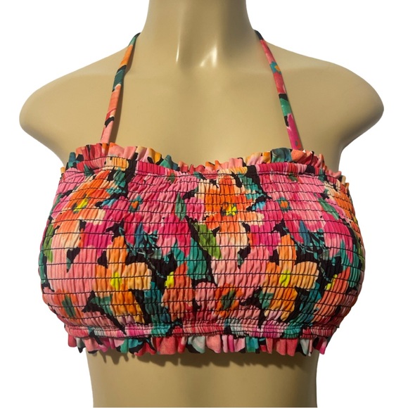 Floral Pink Smocked Bandeau Mid Rise Two Piece Bikini Set Adjustable Halter Top - Picture 2 of 15